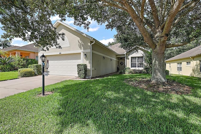 ranch-style house featuring a garage and a front lawn