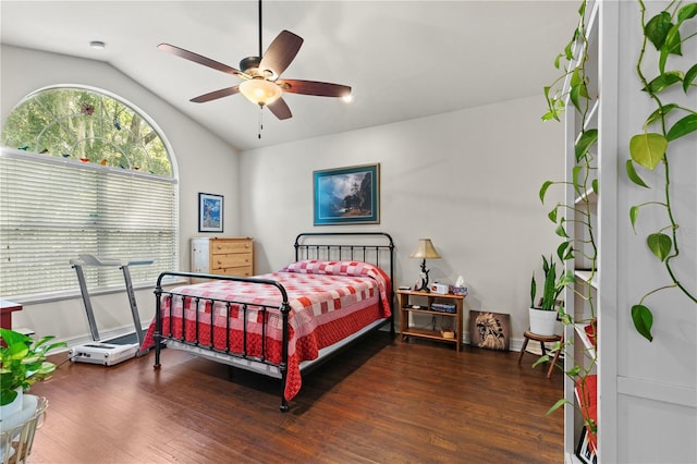 bedroom featuring ceiling fan, vaulted ceiling, and dark hardwood / wood-style flooring