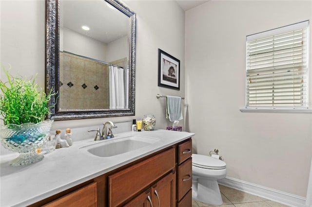 bathroom with curtained shower, tile patterned flooring, toilet, and vanity