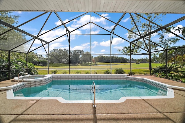 view of swimming pool featuring glass enclosure