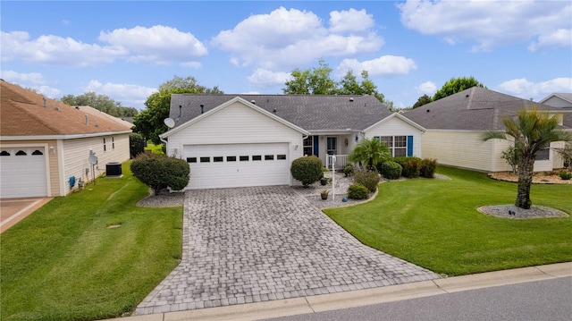 ranch-style house featuring a garage, central AC, and a front yard