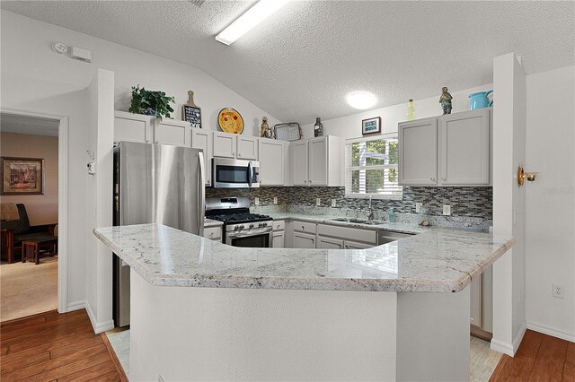 17913 SE 88th Cascade Ct, The Villages, FL 32162 - kitchen featuring a sink, tasteful backsplash, light stone countertops, stainless steel appliances, and light wood-style floors
