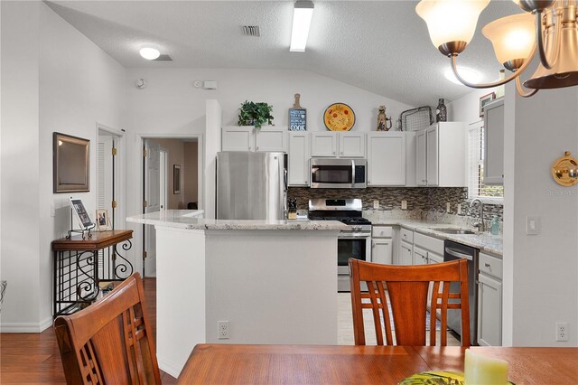 17913 SE 88th Cascade Ct, The Villages, FL 32162 - kitchen with vaulted ceiling, stainless steel appliances, a center island, backsplash, and a sink