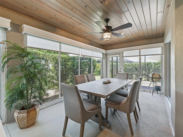 sunroom / solarium with outdoor dining space, a ceiling fan, and wooden ceiling