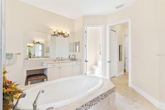 full bathroom with toilet, vanity, visible vents, a bath, and an inviting chandelier