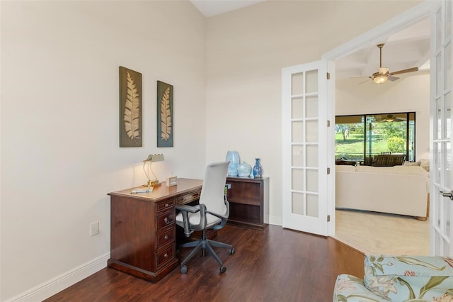 office featuring a ceiling fan, baseboards, wood finished floors, and french doors