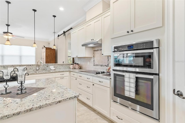 kitchen featuring double oven, under cabinet range hood, a sink, tasteful backsplash, and plenty of natural light