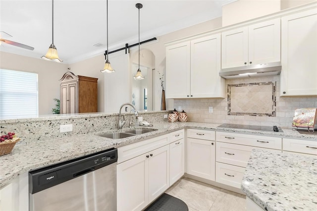 kitchen with decorative backsplash, dishwasher, black electric cooktop, under cabinet range hood, and a sink