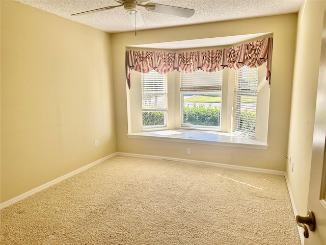 empty room with plenty of natural light, baseboards, a textured ceiling, and carpet flooring