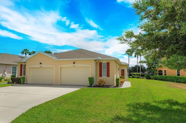 ranch-style house with a garage and a front yard