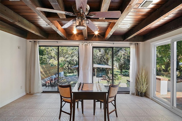 dining room featuring beamed ceiling, wooden ceiling, and ceiling fan