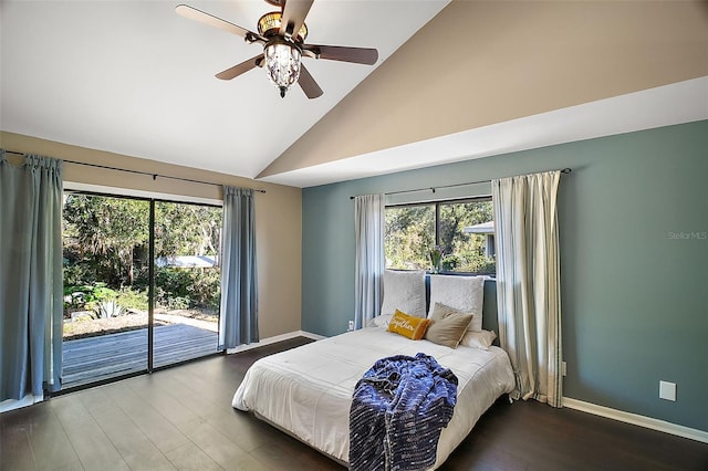 bedroom featuring hardwood / wood-style floors, access to outside, high vaulted ceiling, and ceiling fan