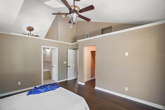 bedroom with ensuite bath, a skylight, high vaulted ceiling, dark hardwood / wood-style flooring, and ceiling fan