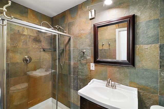 bathroom featuring a shower with door, vanity, and toilet