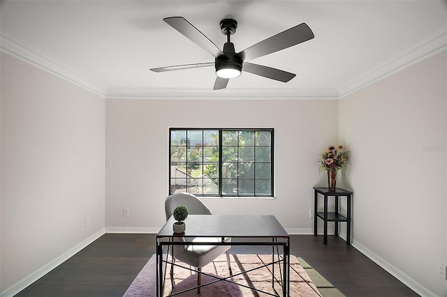 office area featuring crown molding, dark wood-type flooring, and ceiling fan