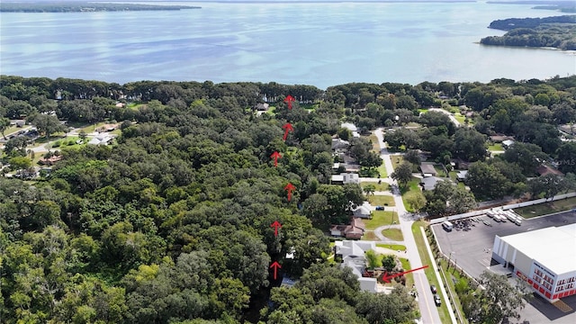 aerial view featuring a water view and a wooded view