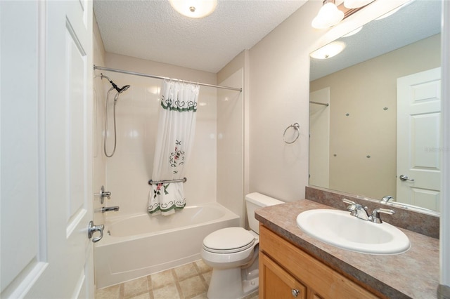 full bathroom with toilet, a textured ceiling, shower / bathtub combination with curtain, and vanity