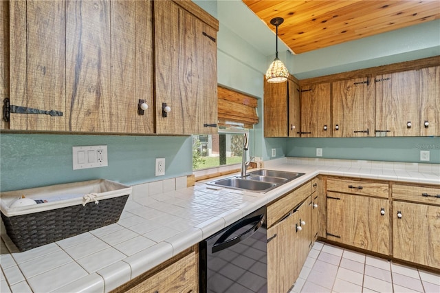 kitchen with dishwasher, wooden ceiling, decorative light fixtures, sink, and light tile patterned flooring