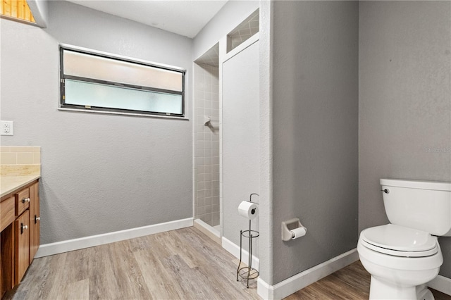 bathroom with vanity, toilet, and wood-type flooring