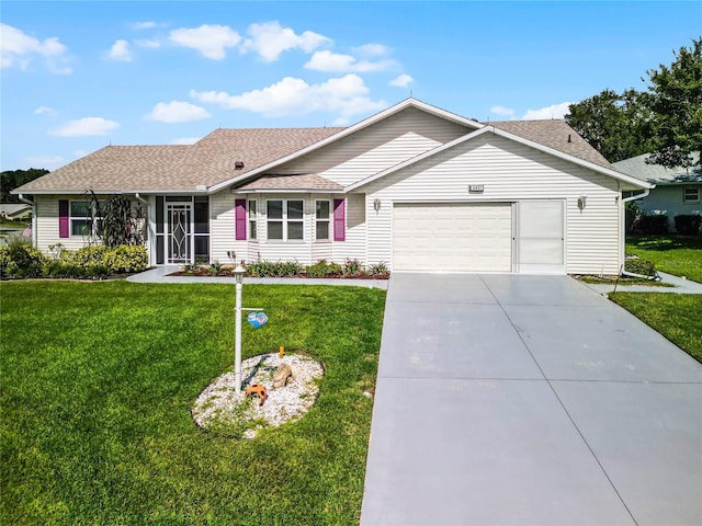 single story home featuring a garage, concrete driveway, a shingled roof, and a front yard