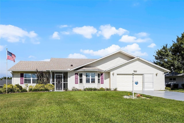 single story home with a garage, concrete driveway, a front lawn, and a shingled roof