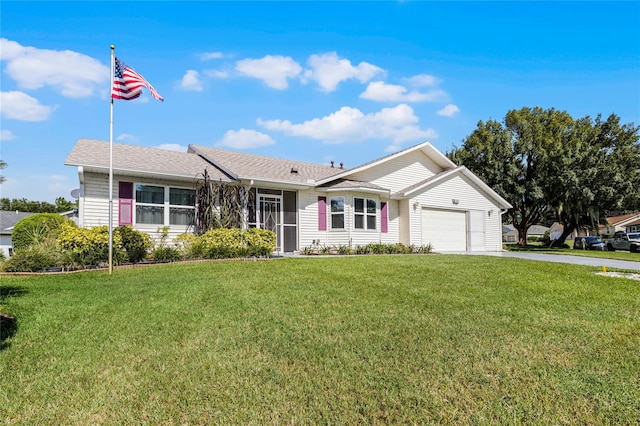 ranch-style house with a front yard and a garage