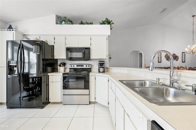 kitchen featuring lofted ceiling, black appliances, a notable chandelier, and sink