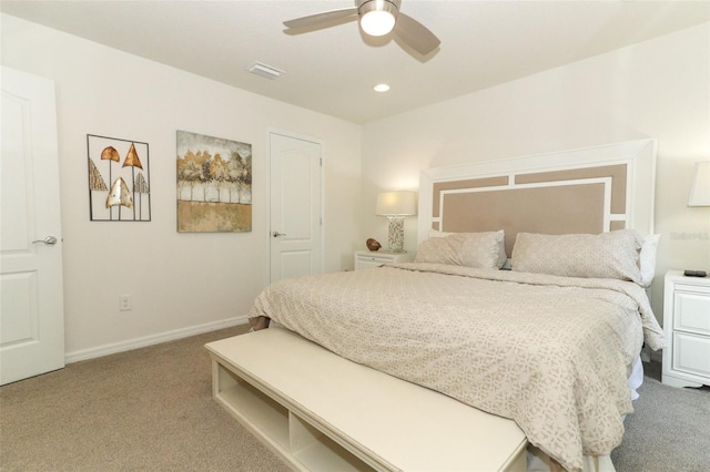 carpeted bedroom with ceiling fan