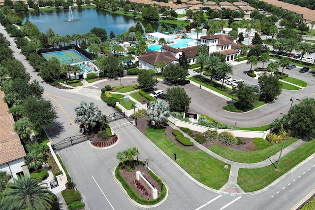 aerial view featuring a water view