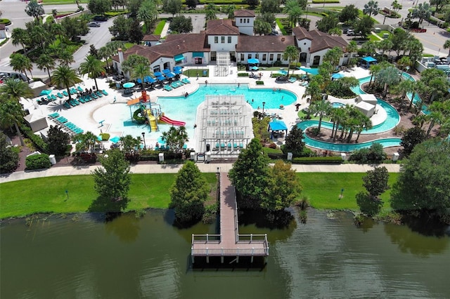 birds eye view of property featuring a water view