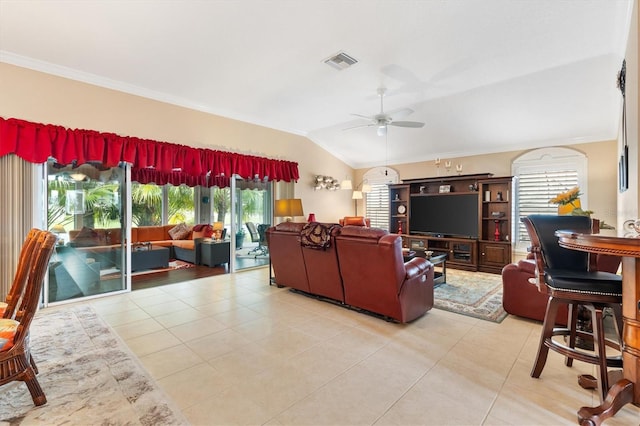 tiled living room with vaulted ceiling and ceiling fan