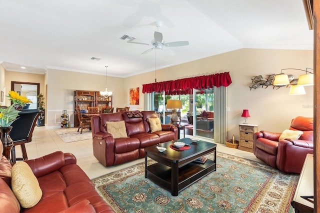 tiled living room with ceiling fan, lofted ceiling, and crown molding