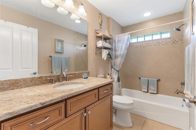 full bathroom featuring tile patterned flooring, vanity, shower / bath combo, and toilet