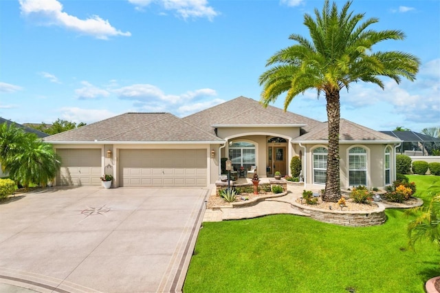 view of front of house with a front lawn and a garage