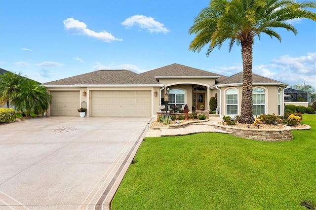 view of front facade with a garage and a front lawn