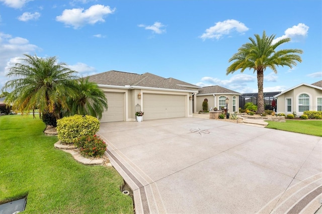 view of front of home featuring a front yard and a garage