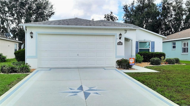 ranch-style house with a front yard and a garage