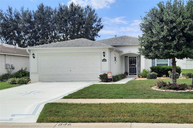 ranch-style house featuring a garage, driveway, roof with shingles, stucco siding, and a front lawn