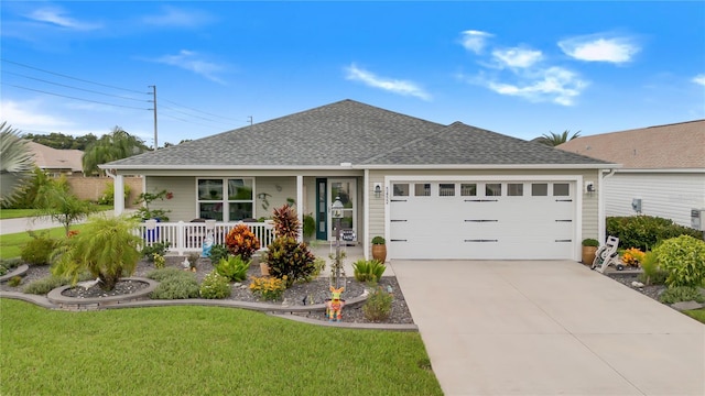 ranch-style home with a garage, a front yard, and a porch