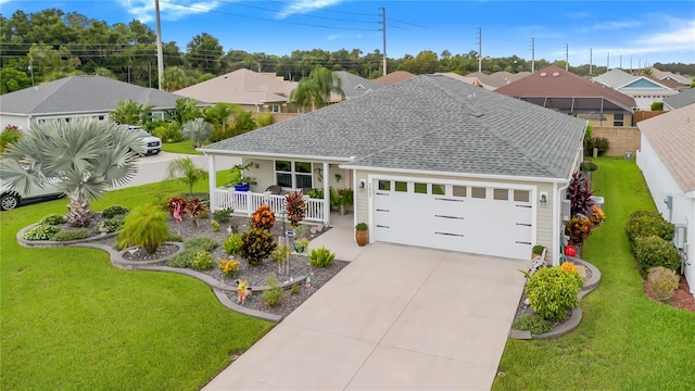 view of front facade with a garage, a front yard, and a porch