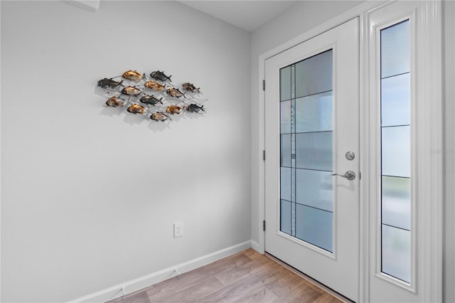 doorway with a wealth of natural light and light hardwood / wood-style floors