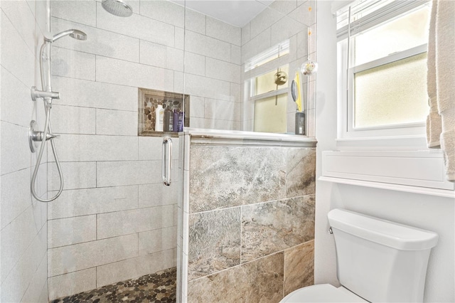 bathroom featuring a shower with shower door and toilet