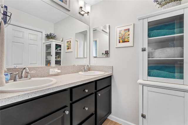 bathroom with vanity and wood-type flooring