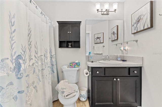 bathroom with vanity, toilet, a shower with curtain, and hardwood / wood-style floors