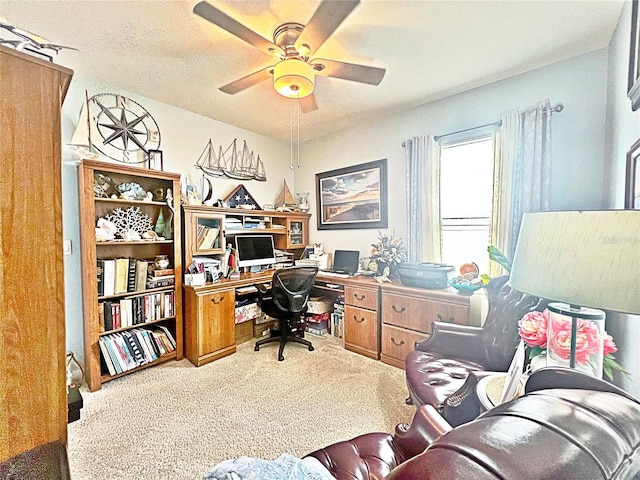 carpeted office featuring ceiling fan