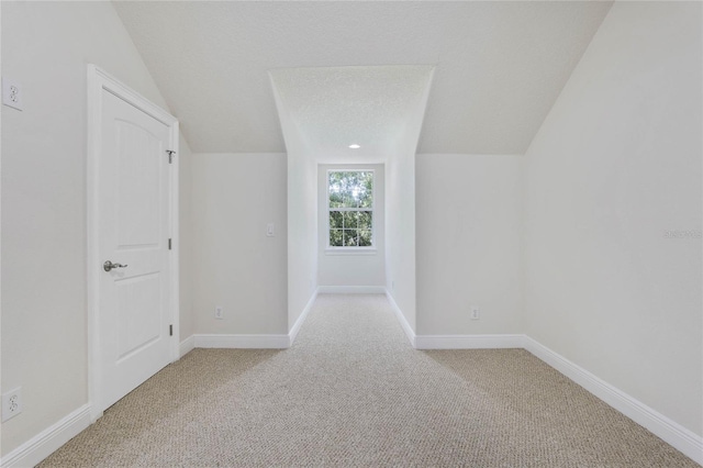 additional living space with lofted ceiling, a textured ceiling, baseboards, and carpet flooring