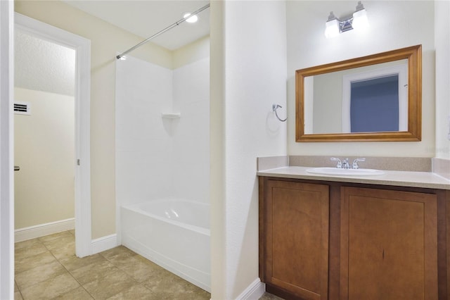 bathroom with shower / bath combination, visible vents, baseboards, tile patterned flooring, and vanity