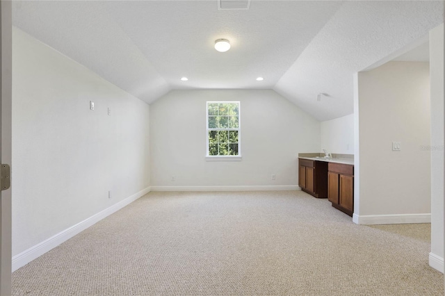 additional living space featuring lofted ceiling, light colored carpet, a sink, a textured ceiling, and baseboards