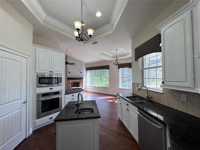 kitchen featuring stainless steel appliances, a raised ceiling, a sink, and dark wood-style floors