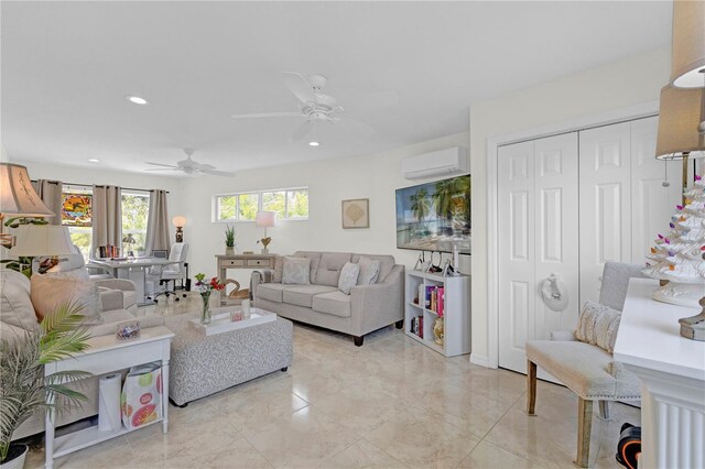 living room with ceiling fan and an AC wall unit